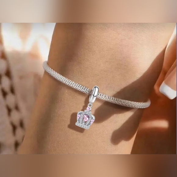 Elegant .925 Silver Plated Crown Charm Pendant with Pink Accents - Picture 3 of 5